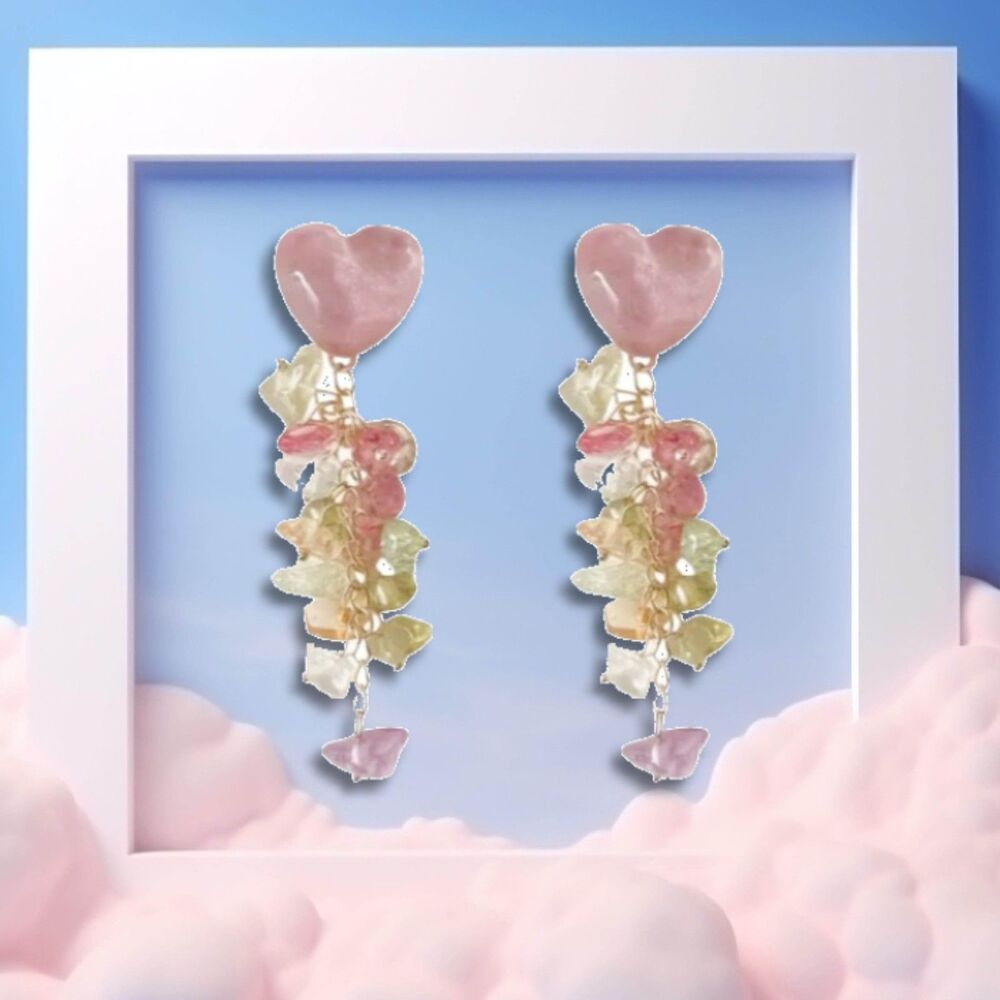 Pink Heart Chunky Stones Dangle Earrings